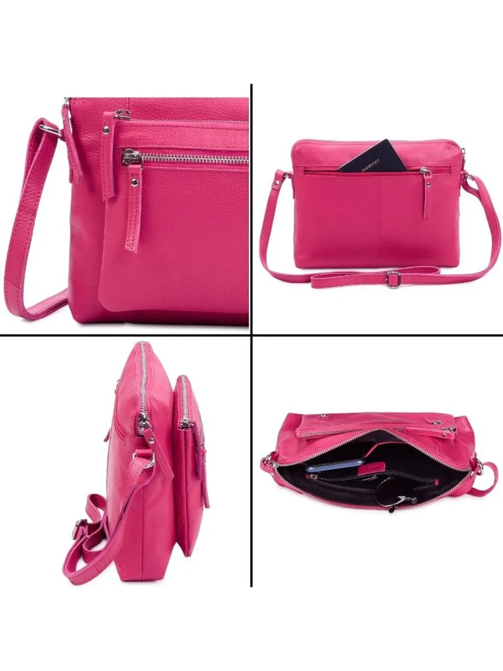 Women's Hot Pink Genuine Leather Sling Purse with Adjustable Strap Crossbody bag